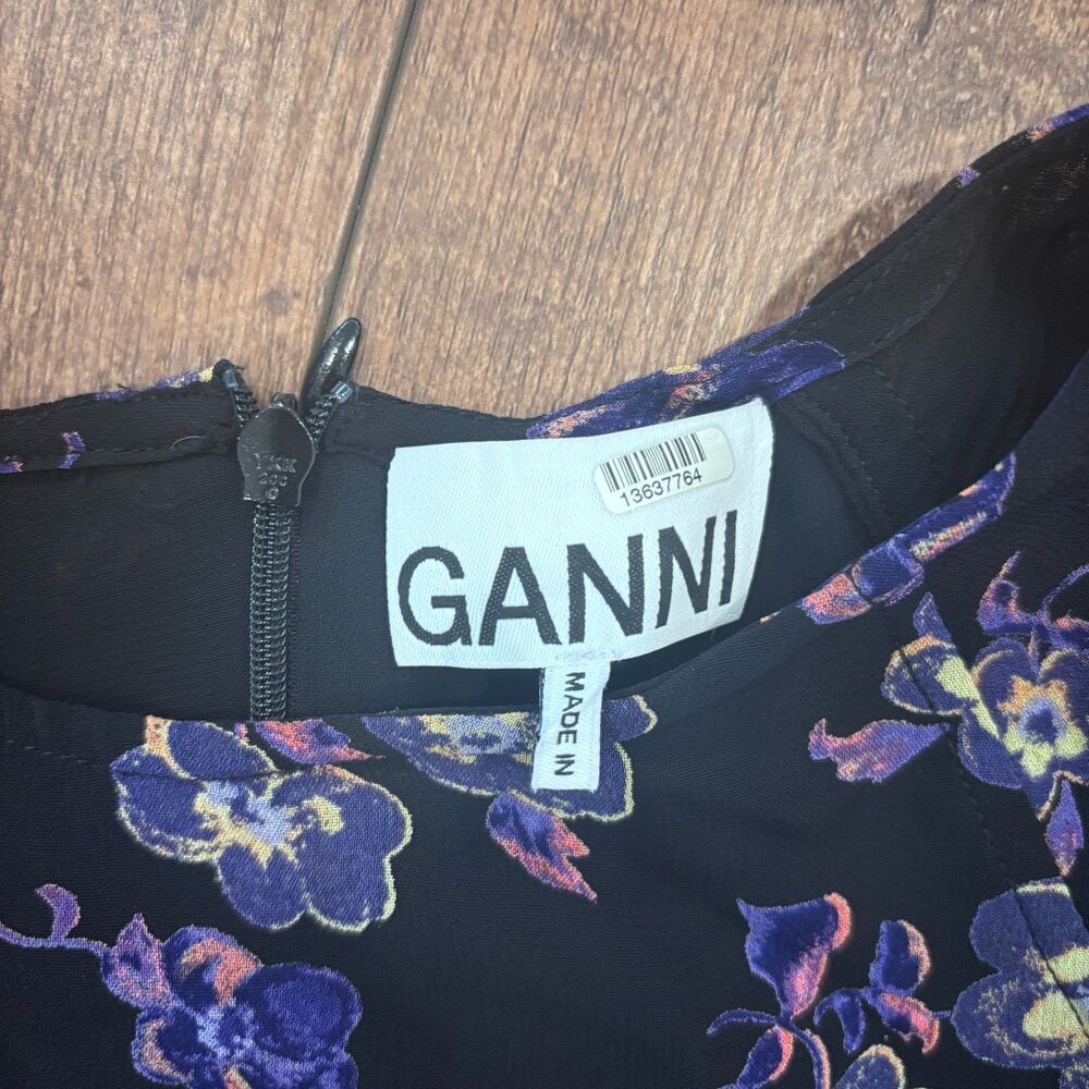 Ganni Women's Black Floral Georgette Mini Long Sleeve Dress Size US Small 4 / 36 - Picture 5 of 11